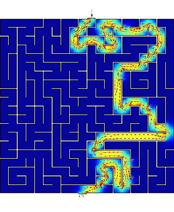 Solution to the maze found by FeenoX (and drawn by Gmsh)